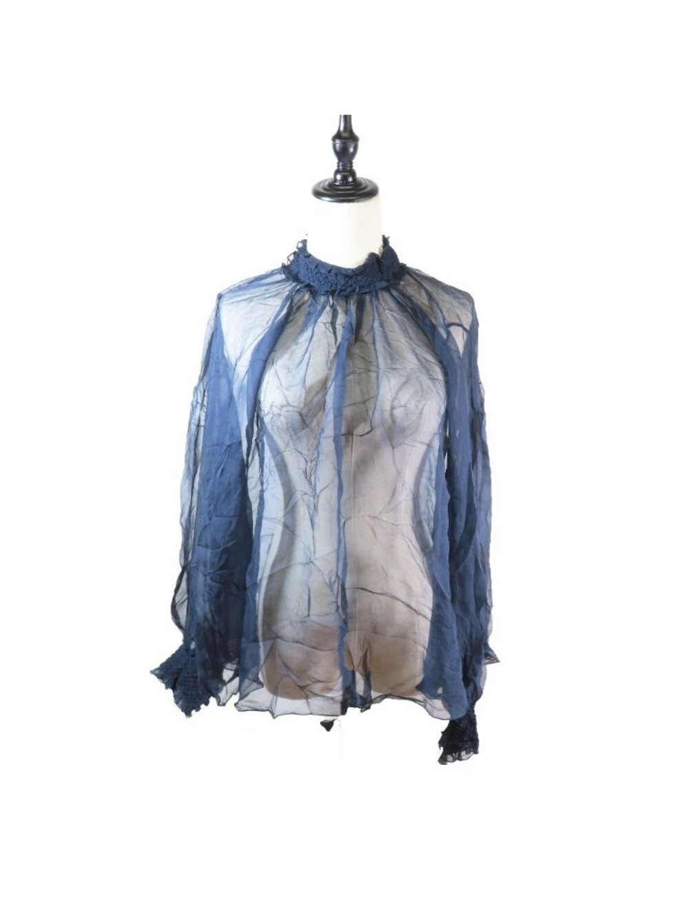 Dior Silk Lace Sheer Shirt Blouse Long Sleeve Top Navy 40